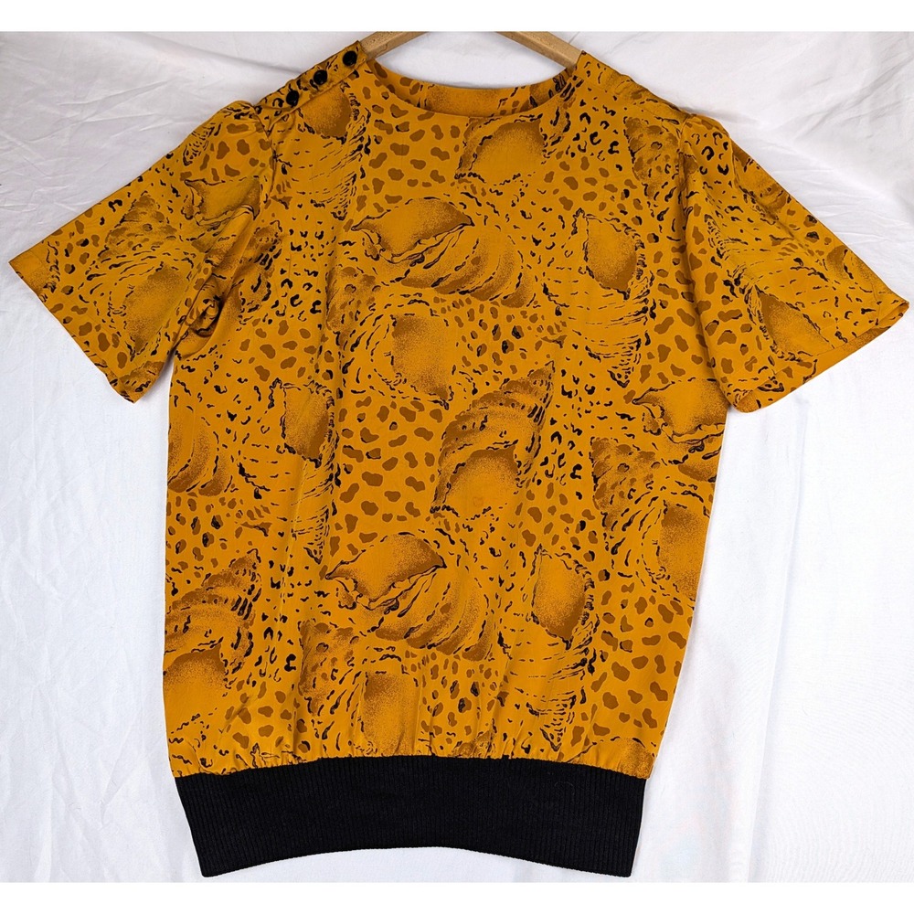 Nicola Vintage Mustard Yellow Leopard Seashell Blouse Ribbed Waistband Size 8
